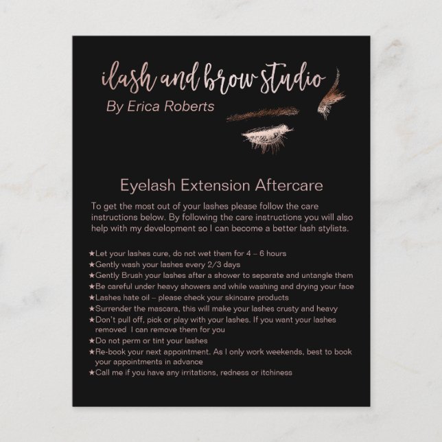 Eyelash & Brow Makeup Artist Aftercare Instruction Flyer (Front)