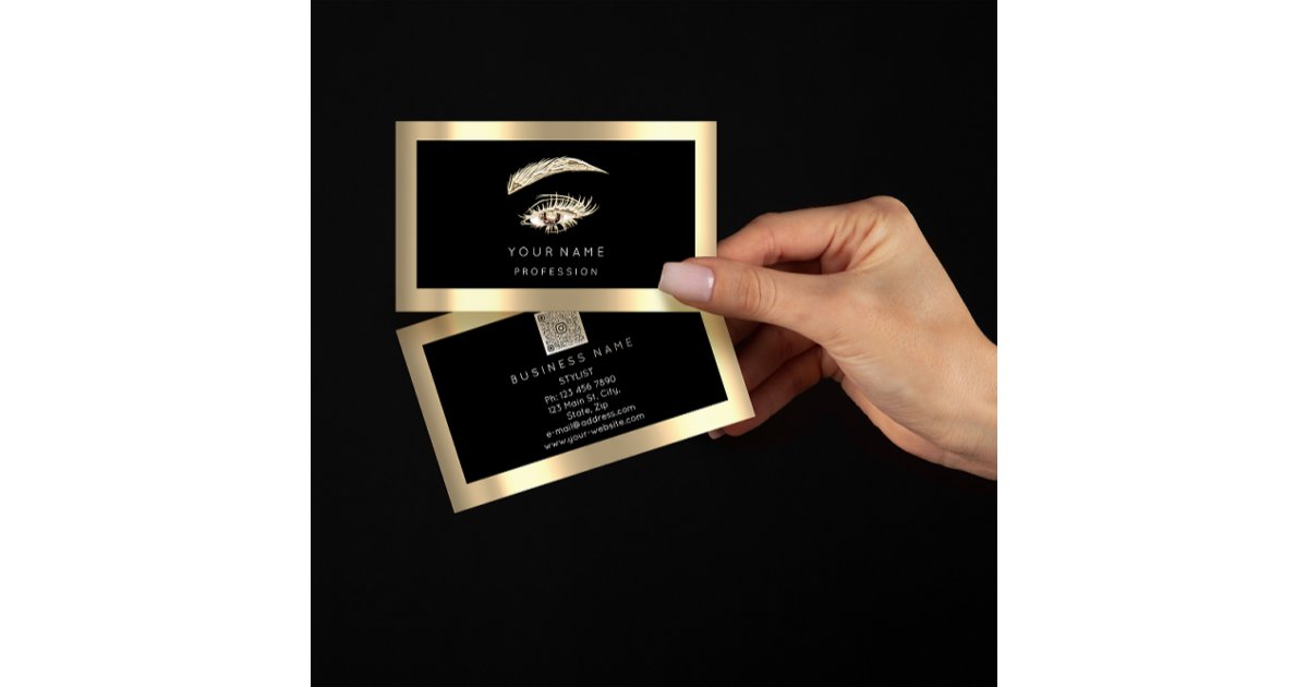 Eyelash Brow Makeup Logo Qr Code Black Gold Frame Business Card | Zazzle