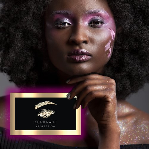 Eyelash Brow Makeup Logo Qr Code Black Gold Frame Business Card