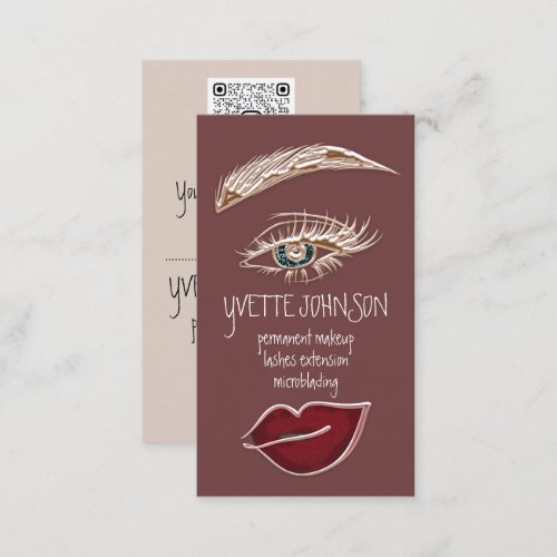 Eyelash Brow Makeup Logo QRCode Kiss Lips Burgundy Business Card