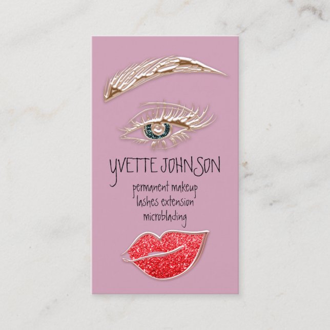 Eyelash Brow Makeup Logo QRCode Kiss Lips Rose  Business Card (Front)