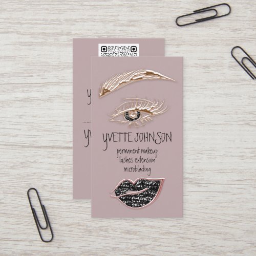 Eyelash Brow Makeup Logo QRCode Lips Rose Black Business Card