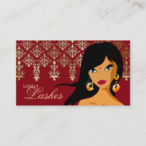 Customizable Eyelash Business Card Indian Woman Gold Burgundy