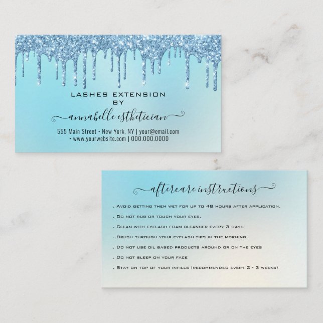 Eyelash Extension Aftercare Instruction Glitter  B Business Card (Front/Back)