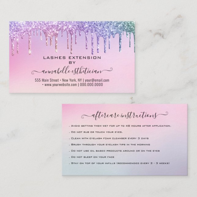 Eyelash Extension Aftercare Instruction Glitter Bu Business Card (Front/Back)