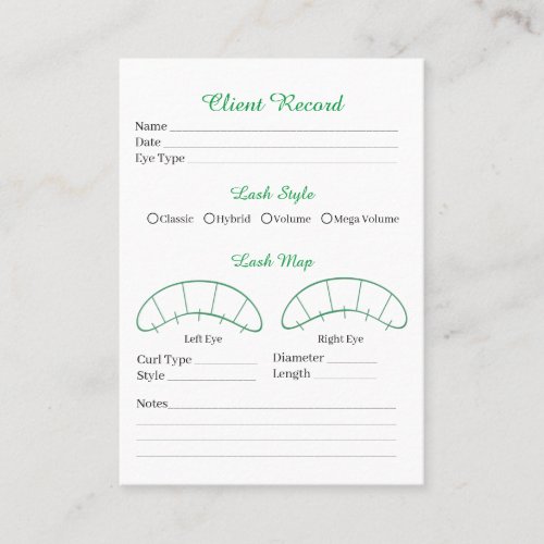 Eyelash extension client Record form Business Card