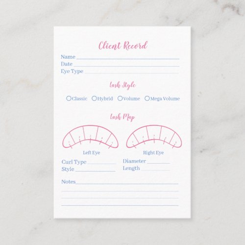Eyelash extension client Record form pink blue Business Card