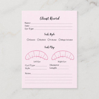 Eyelash extension client Record form, pink Business Card