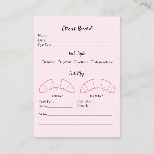Eyelash extension client Record form pink Business Card
