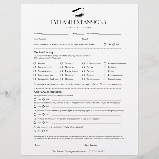 Eyelash Extension Consent Forms // Client Record  Flyer (Back)
