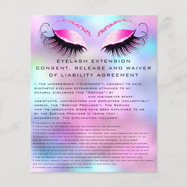 EYELASH EXTENSION CONSENT, RELEASE AND WAIVER Pink Flyer (Front)
