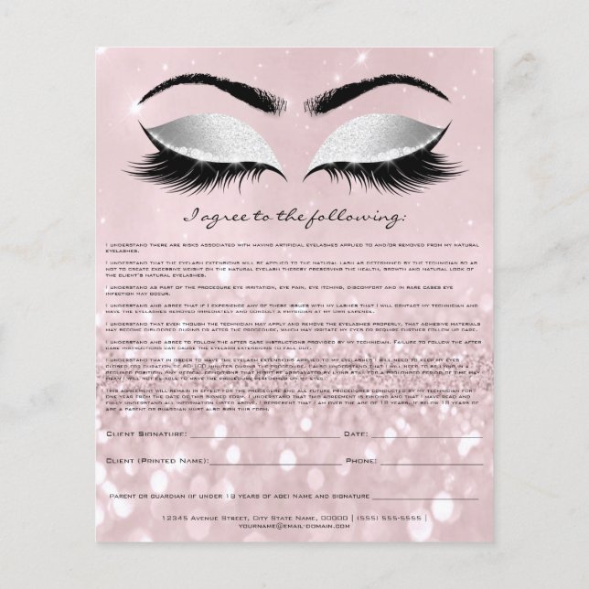 Eyelash Extension Liability Waiver Rose Pink Gray Flyer (Back)