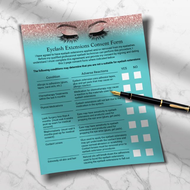Eyelash Extension Liability Waiver Teal Rose Gold Flyer (Creator Uploaded)