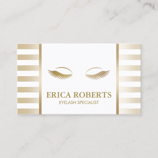 Eyelash Extension Makeup Artist Chic Gold Stripes Business Card (Front)