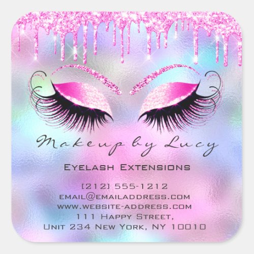 Eyelash Extension Makeup Beauty Salon Pink Drips V Square Sticker