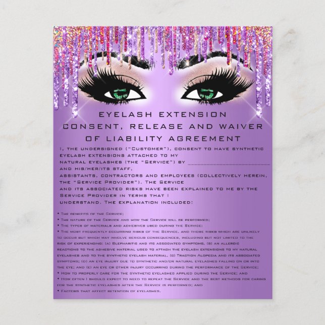 EYELASH EXTENSION RELEASE WAIVER Green Eyes Purple Flyer (Front)