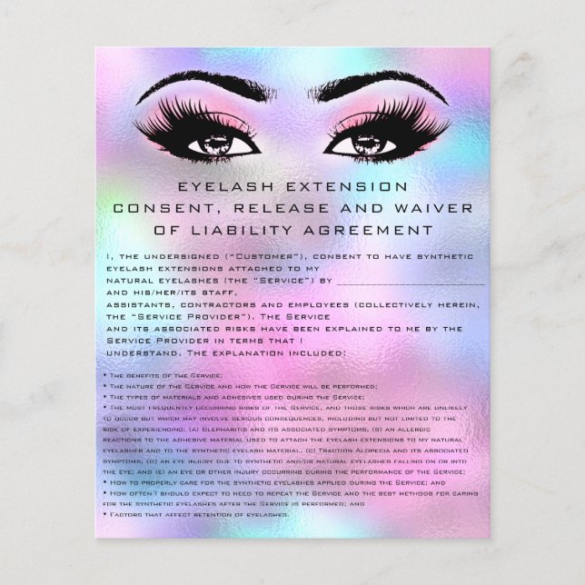 EYELASH EXTENSION RELEASE WAIVER Holograph Pink Flyer (Front)