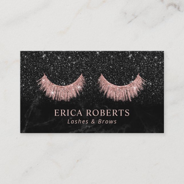 Eyelash Extensions Black Glitter Marble Salon Business Card (Front)