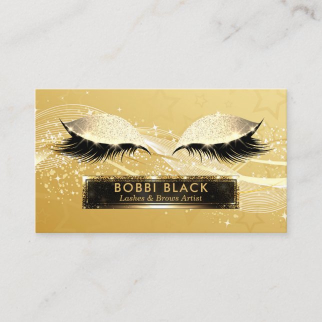 Eyelash Extensions Black Gold Glitter Glam Makeup Business Card (Front)