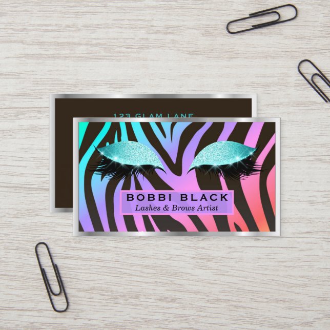 Eyelash Extensions Glitter Makeup Bright Zebra Business Card (Front/Back In Situ)