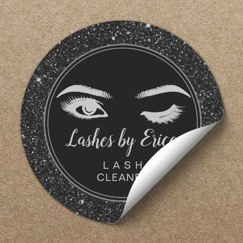 Eyelash Extensions Lash Cleaner Chic Black Glitter Classic Round Sticker
