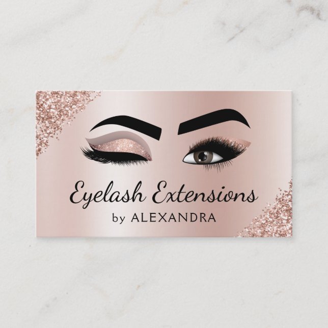 Eyelash Extensions Lashes Glitter Rose Gold Pink Business Card (Front)