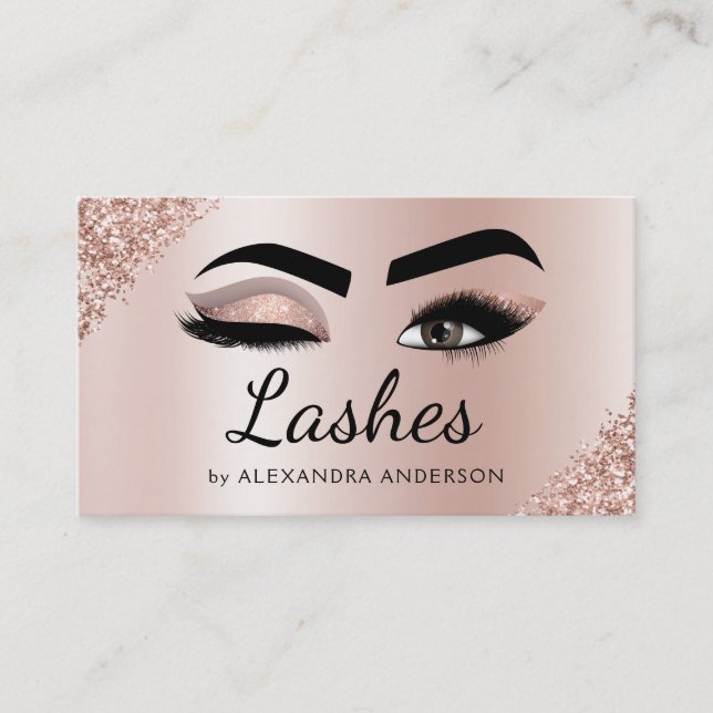 Eyelash Extensions Lashes Glitter Rose Gold Pink Business Card (Front)