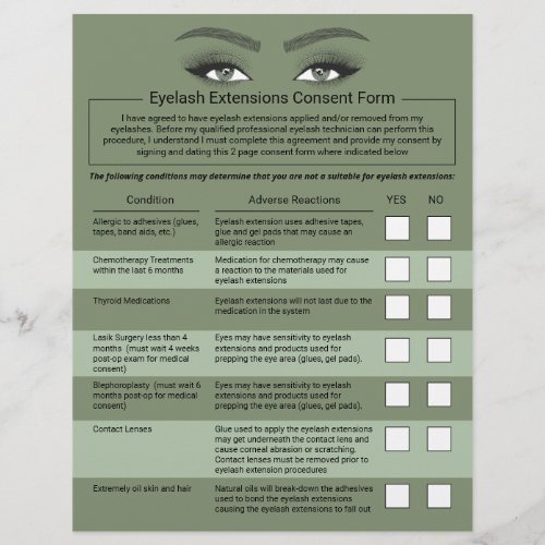 Eyelash Extensions Liability Waiver Green Salon Flyer