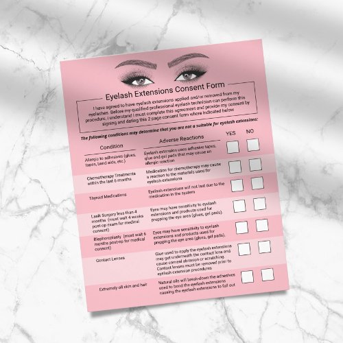 Eyelash Extensions Liability Waiver Pink Salon Flyer