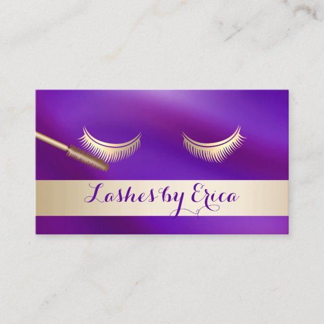 Eyelash Extensions Makeup Artist Gold & Purple Business Card (Front)