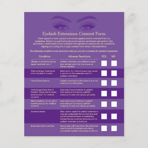 Eyelash Extensions Purple  Gold Liability Waiver Flyer