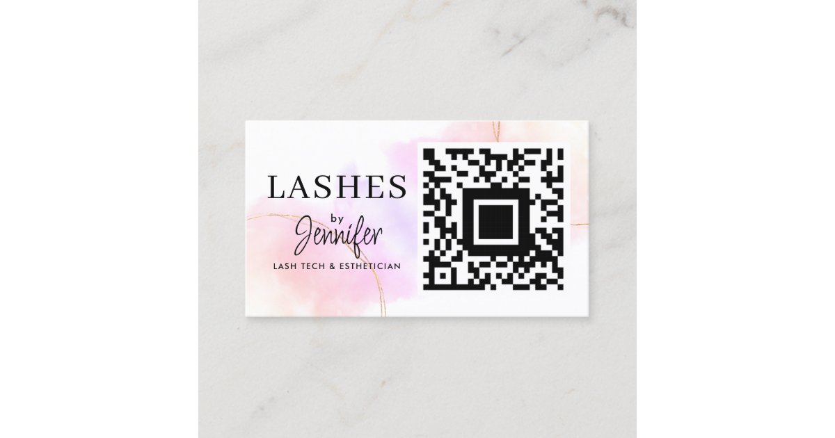 Eyelash Extensions QR Code Watercolor Pink Gold Business Card | Zazzle