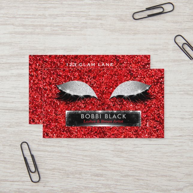 Eyelash Extensions Red Silver Glitter Glam Makeup Business Card (Front/Back In Situ)