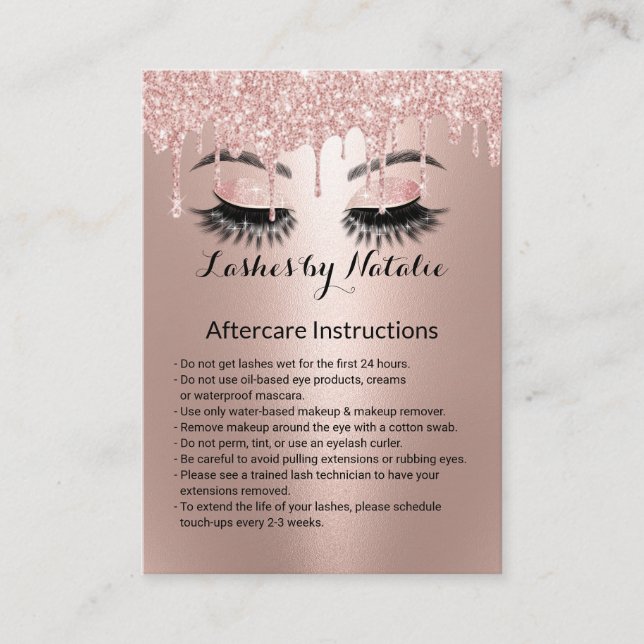Eyelash Extensions Rose Gold Aftercare Instruction Business Card (Front)