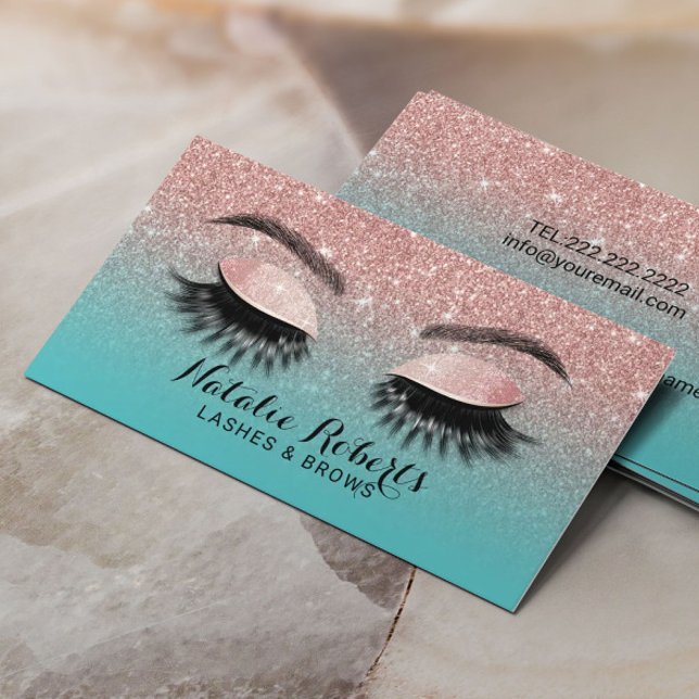 Eyelash Extensions Rose Gold & Teal Glitter Salon Business Card (Creator Uploaded)