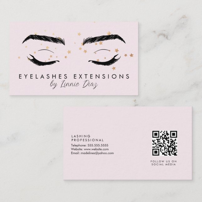 Eyelash Extensions Salon Faux Foil Stars Pink  Business Card (Front/Back)