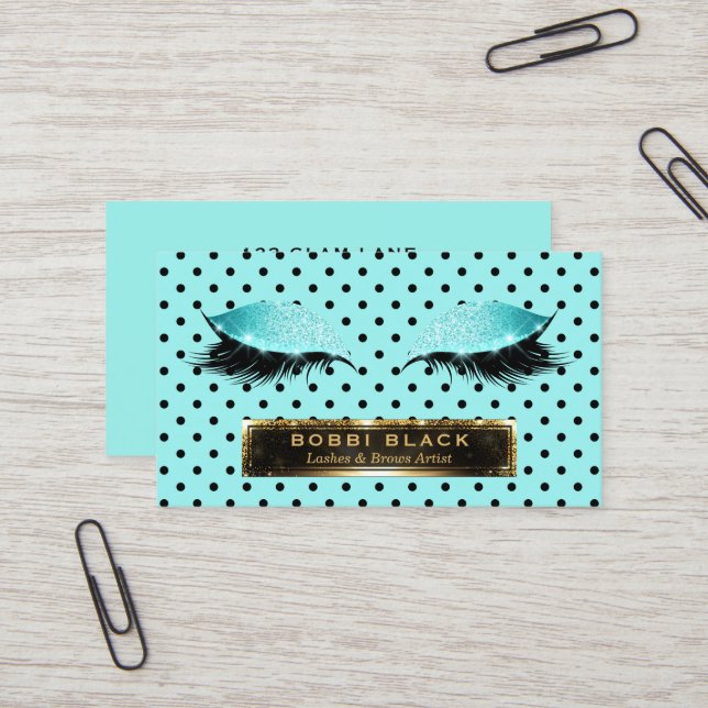Eyelash Extensions Teal Black Polka Dots Makeup Business Card (Front/Back In Situ)