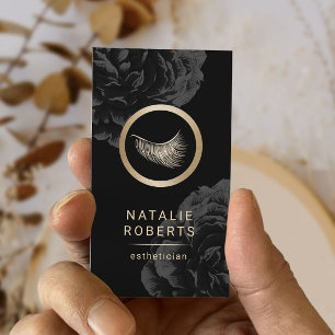 Eyelash Logo Dark Floral Makeup Artist Esthetician Business Card