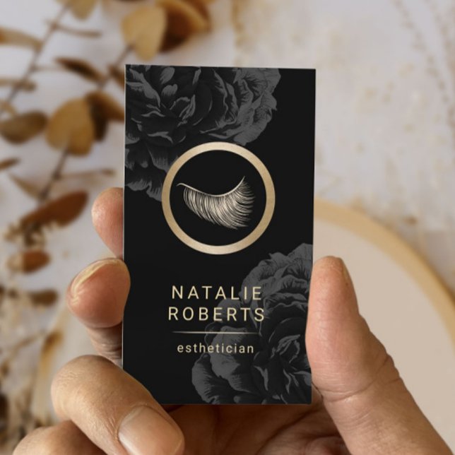 Eyelash Logo Dark Floral Makeup Artist Esthetician Business Card (Creator Uploaded)