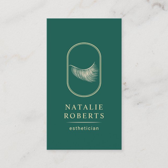 Eyelash Logo Makeup Artist Esthetician Teal Gold Business Card (Front)