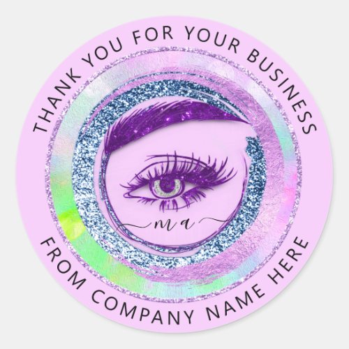 Eyelash Logo Name Holograph Thank Glitter Purple  Classic Round Sticker