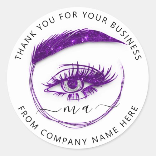 Eyelash Logo Name Holograph Thank Glitter Purple Classic Round Sticker