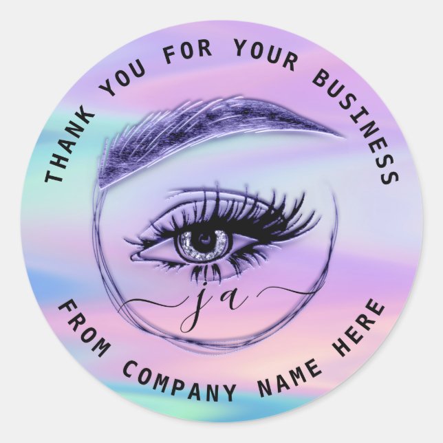Eyelash Logo Name Holograph Thank Monogram Purple Classic Round Sticker (Front)