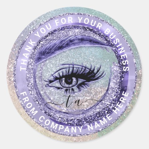 Eyelash Logo Name Holograph Thank Monogram Violet Classic Round Sticker