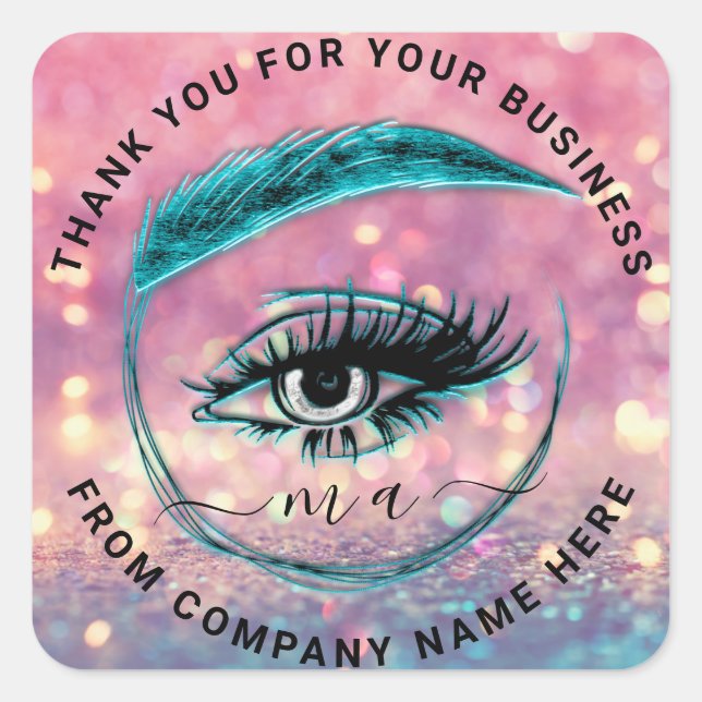 Eyelash Logo NameThank Glitter Holograph Teal Square Sticker (Front)