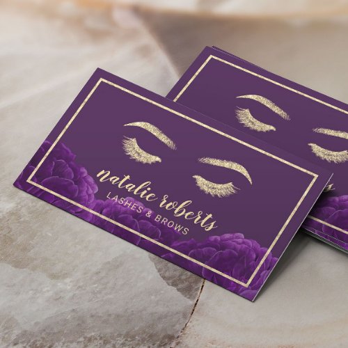 Eyelash Makeup Artist Gold Frame Purple Floral Business Card