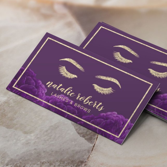 Eyelash Makeup Artist Gold Frame Purple Floral Business Card (Creator Uploaded)