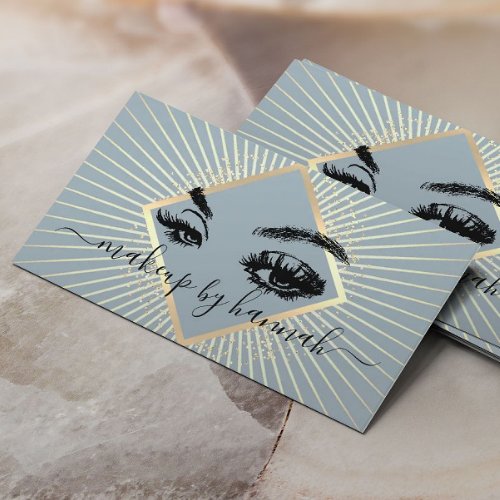 Eyelash Makeup Artist Modern Dusty Blue Gold Salon Business Card