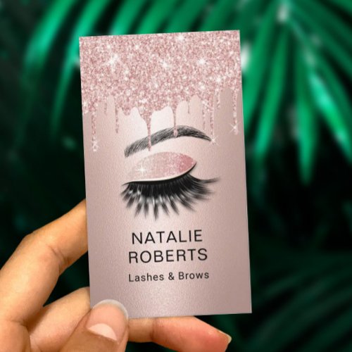Eyelash Makeup Artist Rose Gold Glitter Drips Business Card