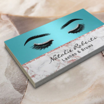 Eyelash Makeup Artist Turquoise Rose Gold Marble Business Card by cardfactory at Zazzle